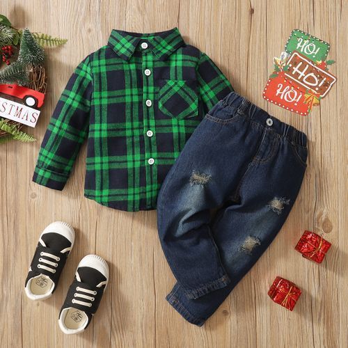 1-6Y Kid Boys Clothes Set Long Sleeves Green Plaid Shirt Ripped Denim Pants