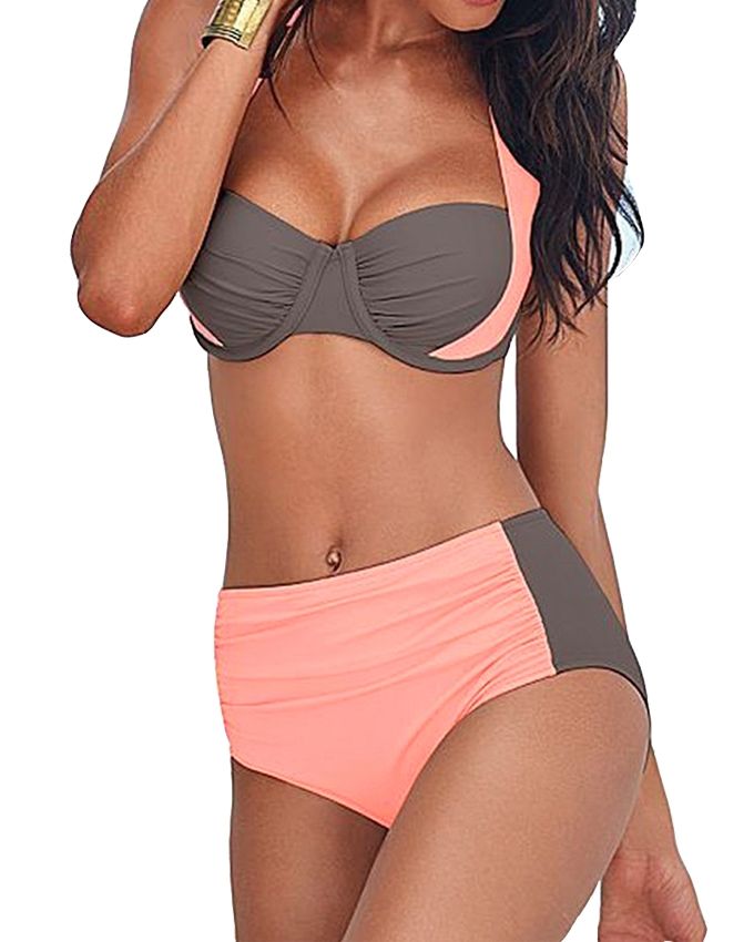 New Sexy Bikini Women Swimsuit High Waist Swimwear Plus Size Bathing Suit 6-16 Pink Patchwork Bikini Set