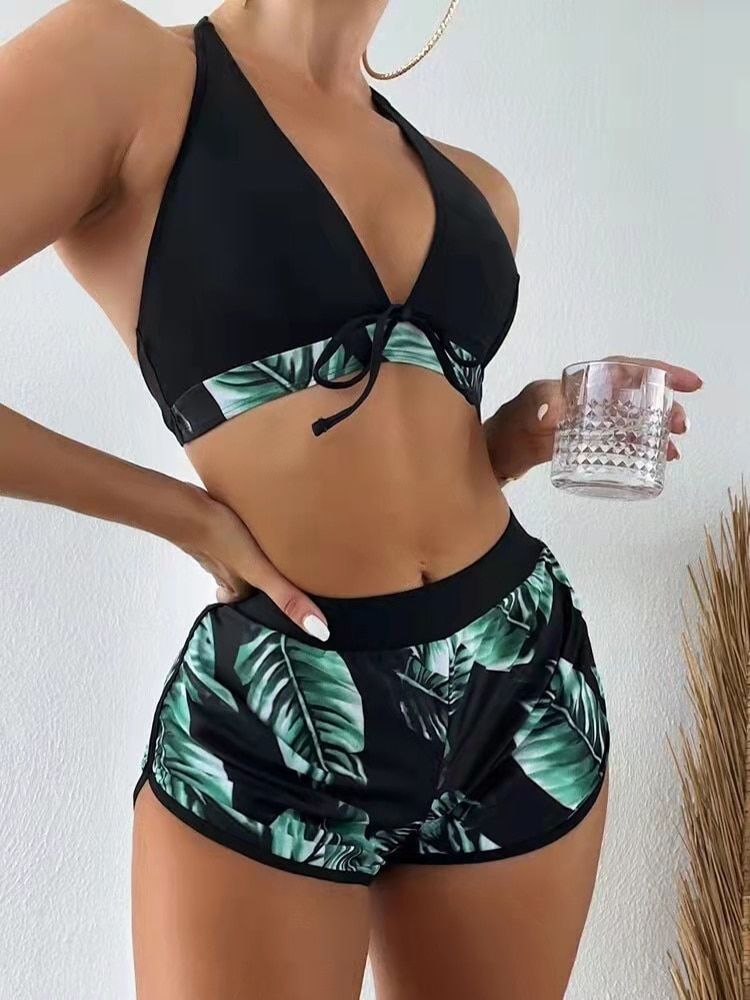 Three Pieces Leaf Print Bikini Women Swimsuit With Swim Shorts Swimwear Summer