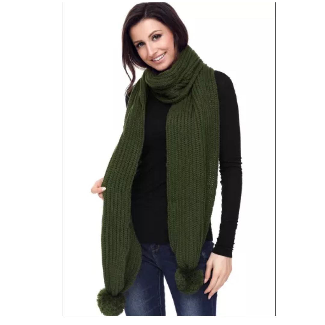Mfed Green Pom Pom Ribbed Knit Scarf