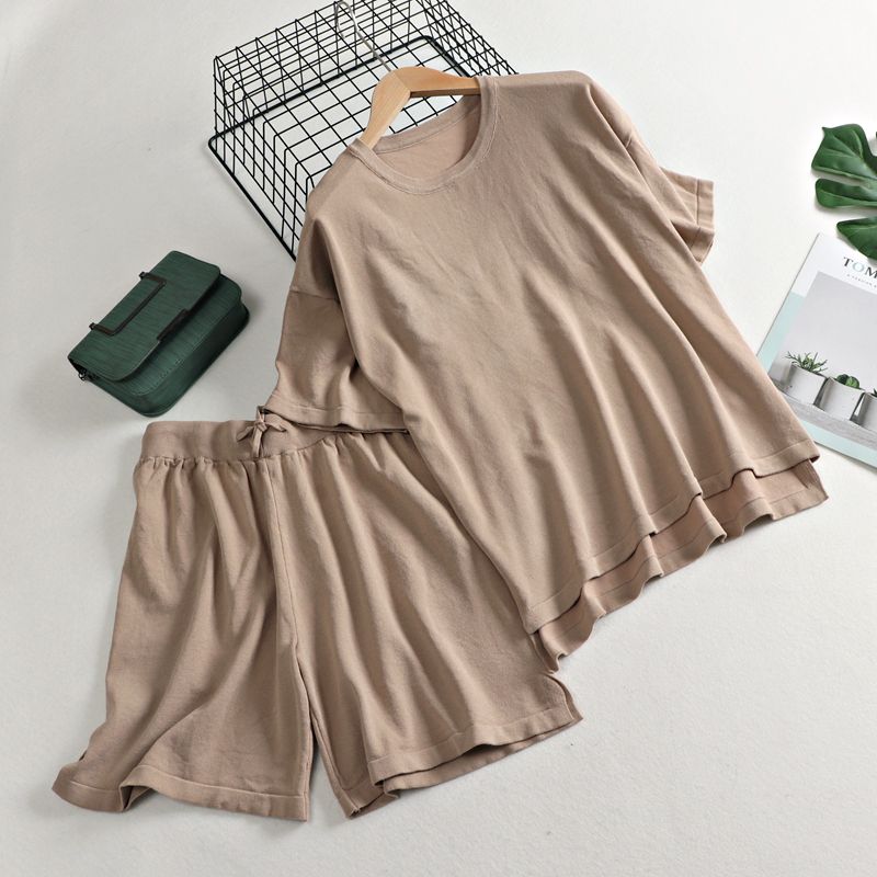 (khaki 661P)MASTGOU Summer Women T Shirt Tracksuits Fashion Knitted Loose Two Piece Sets T-Shirt+ Pant Ladies Casual Suits GRE
