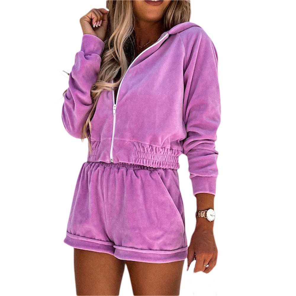 (Purple)Tracksuits 2021 New Women's Sports Running Outfit Summer Long Sleeve Solid Color Zip Up Hoodie + Shorts Sets Suit Two-piece Suit GRE