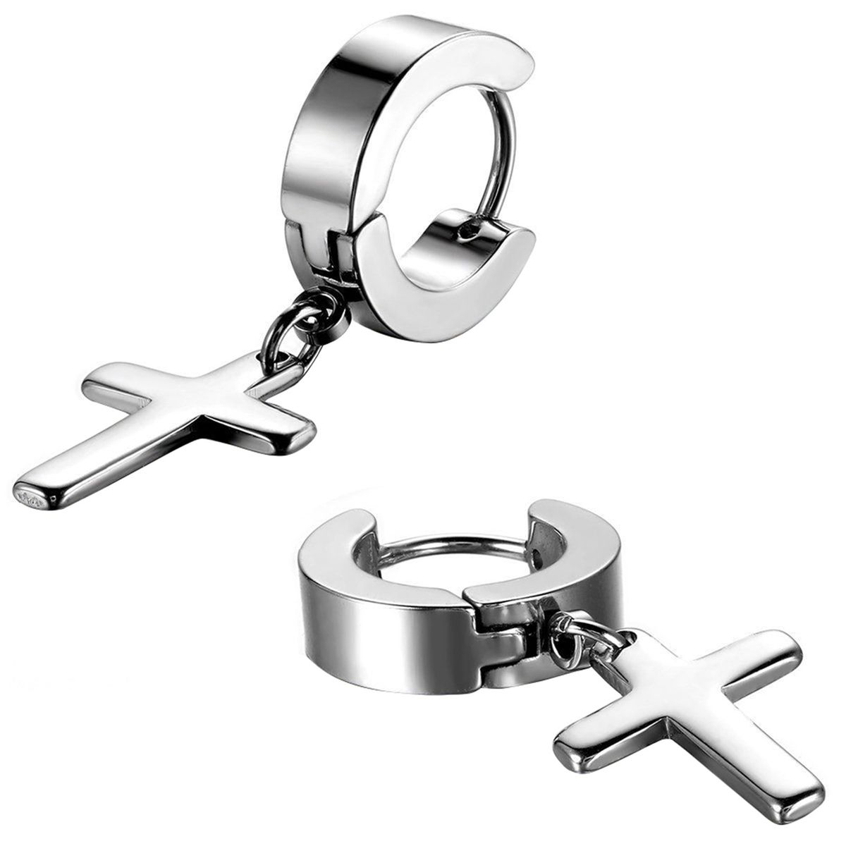 1 Pair Ear Dangle Cross Pendant Eco-friendly Stainless Steel Huggie Hinged Hoop Earrings For Men-Silver