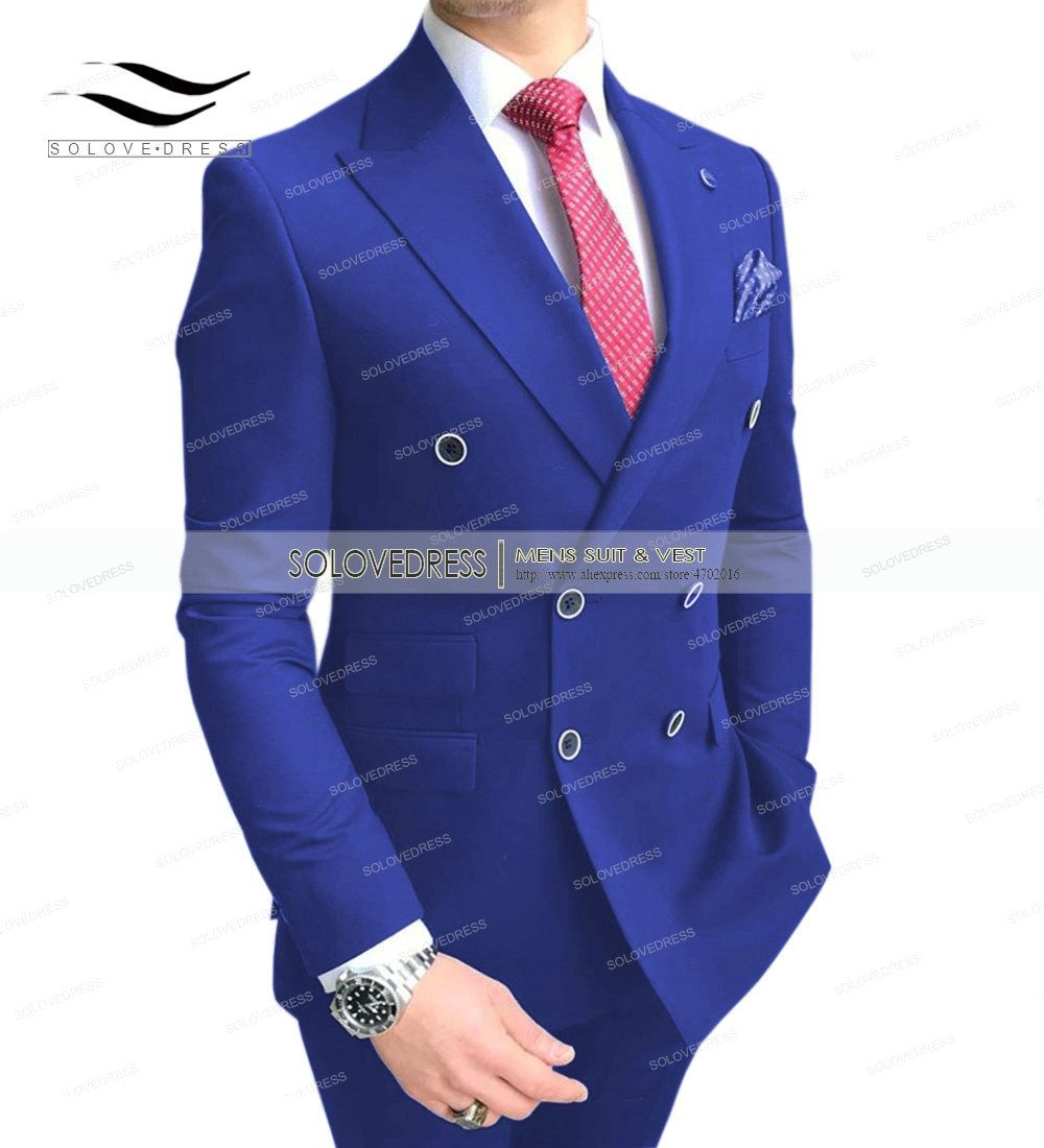 Only 1 Pcs Jacket !!  Navy Men's Double Breasted B Regular Fit Notch-Royal Blue