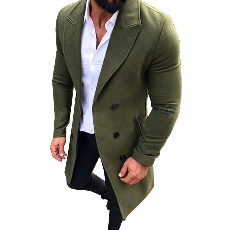 Men Double-breasted Lapel Long Trench Woolen Slim Coat