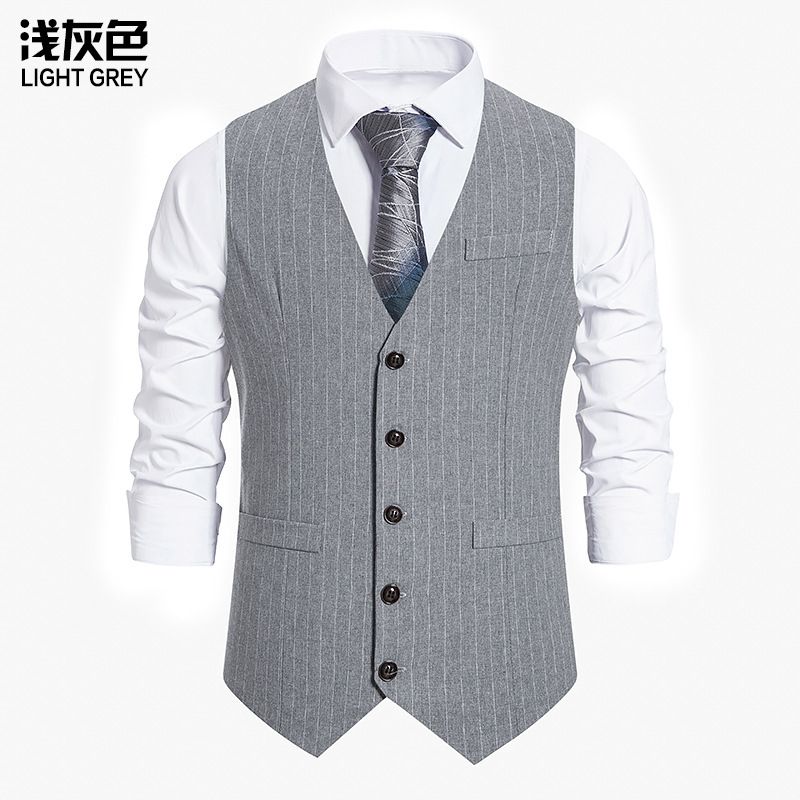 V-neck Slim Business Dress Retro Waist Stripe Printing Single-breasted Blended Pockets Waist Autumn And Winter Vest Light Grey