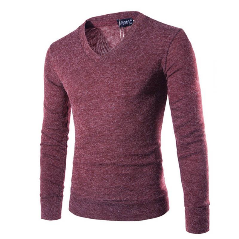 Cotton Sweater Men Long Sleeve Pullovers Outwear Man V-Neck-Wine Red
