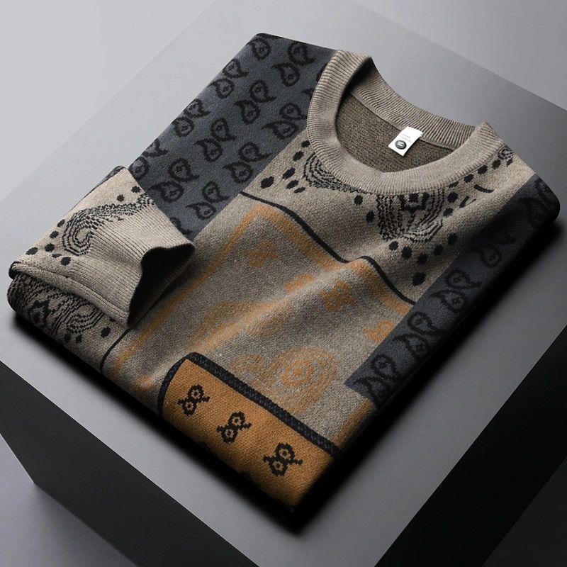 Brand High End Luxury Trend Cashew Nut Flower Round Neck-Flower Khaki