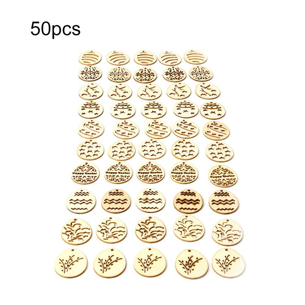 50pcs Wooden Easter Eggs Hanging Ornaments Pendant Crafts