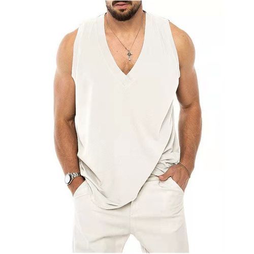 Men's New Sleeveless Vest Casual Solid Color Cotton Linen T-Shirt-White
