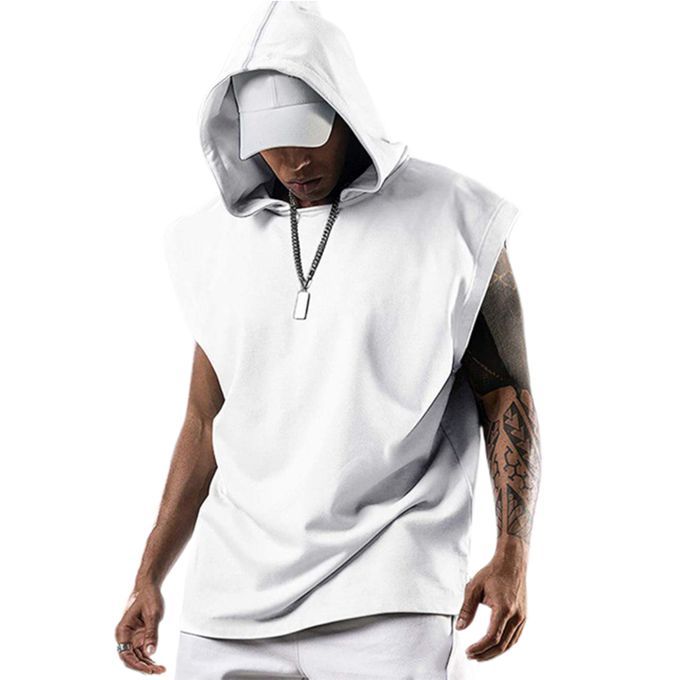 Men T-shirt Hooded Solid Color Summer Loose Sleeveless-White