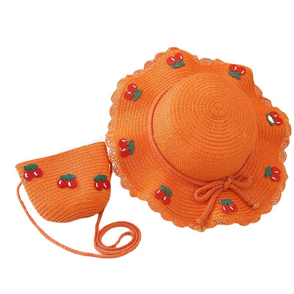 Hat Bag Set Baby Girls Breathable Straw Hat Handbag Dark Orange