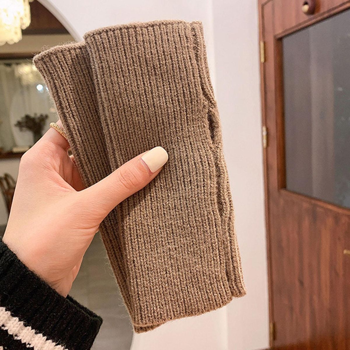 1 Pair Knitted Lady Autumn Winter Thermal Mittens Brown