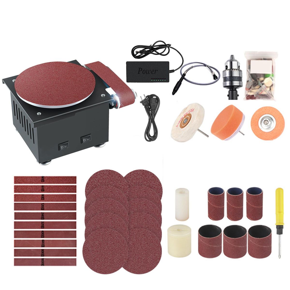 Mini Bench Belt and Disc Sander Sanding Roller with Flexible Extension Rod Kit Electric Edge Sharpener 7 Variable Speed with Sanding Disc/ Belt/ Band/ Wheel DIY Benchtop Polishing Grinding Machine for Wood Metal Acrylic
