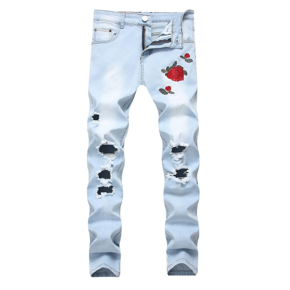 Cross-border source of foreign trade new men's embroidered rose denim hole light blue pants slim size stretch trousers 1823lightblue 36
