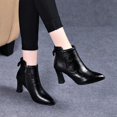 Women's Classic Ankle Boots Chunky High Heel Zipper Bootie Boots