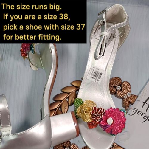Ladies Floral Mid Heels Sandals Ankle Trap Open Toe Shoes- Silver