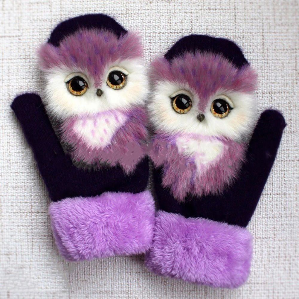 (Purple Owl)Cute And Warm Winter Fur Teddy Knitted Gloves Guantes Animal Pattern Dense Cartoon GRE