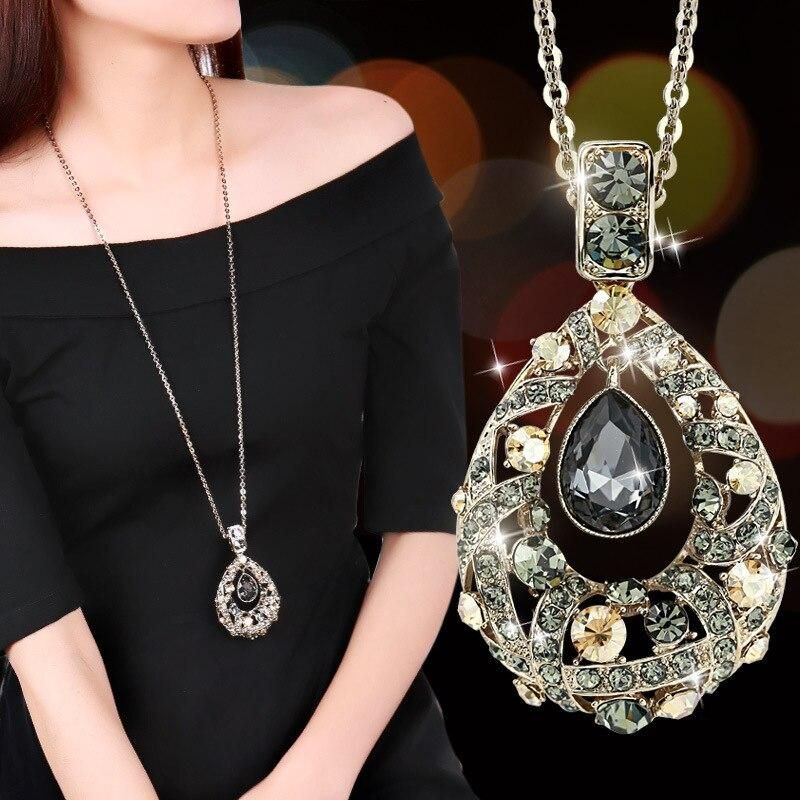 Shining Crystal Water Drop Sweater Long Necklaces for Women New Trendy Korean Fashion Clothes Pendant Geometric Jewelry 2022
