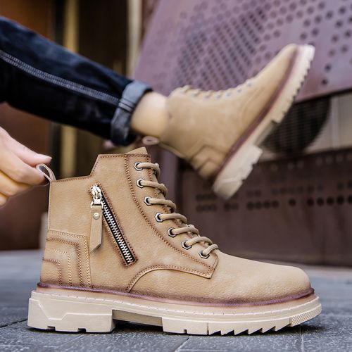 Chukka Boots Men Shoes Outdoor Martin Boots New Trend Casual All-match Platform Ankle Boots High Quality Split Leather Lace-Up Male Work Shoes Zipper Decoration Personality Footwear Khaki