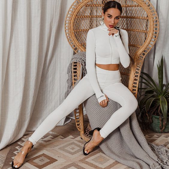 Women High Neck Zip Up Top & Ribknit Leggings Sportswear Set - Off White