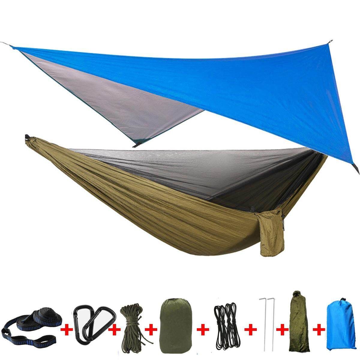 Portable Hammock Canopy Sun Rain Fly Tarp And Camping Hammock With Mosquito Net Army Green