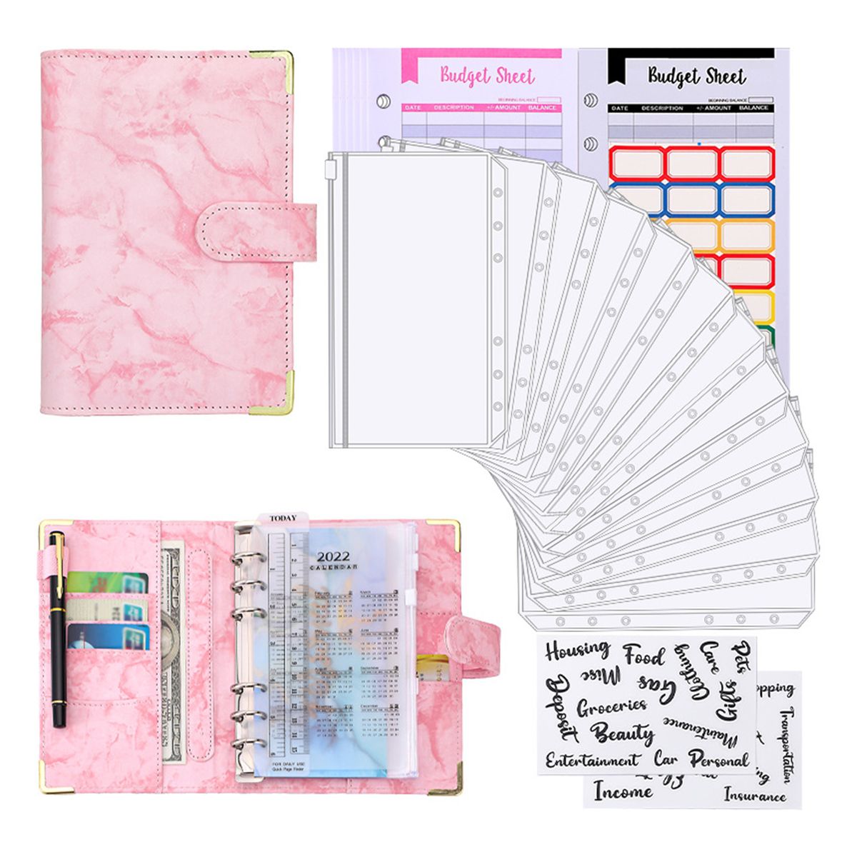 A6 Budget Binder With Marble Texture Pattern PU Leather