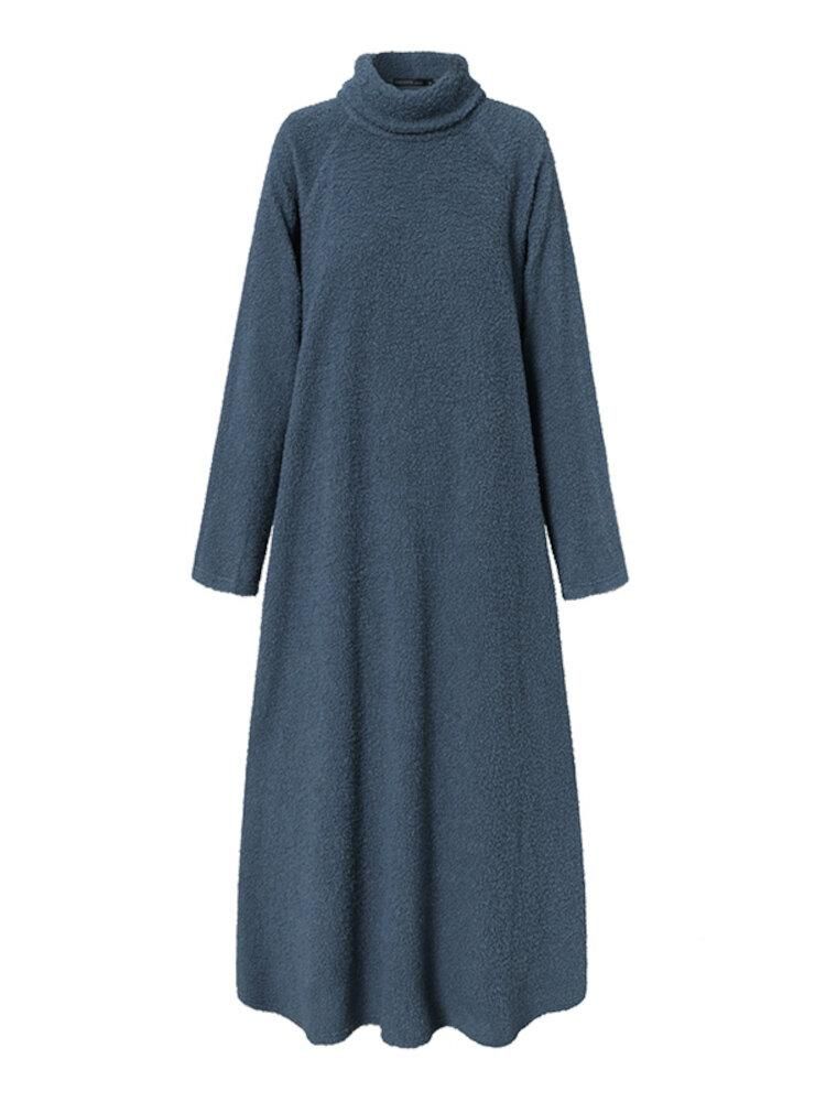 Women Fleece Long Solid Turtleneck Long Sleeve Ankle Length Casual Dresses