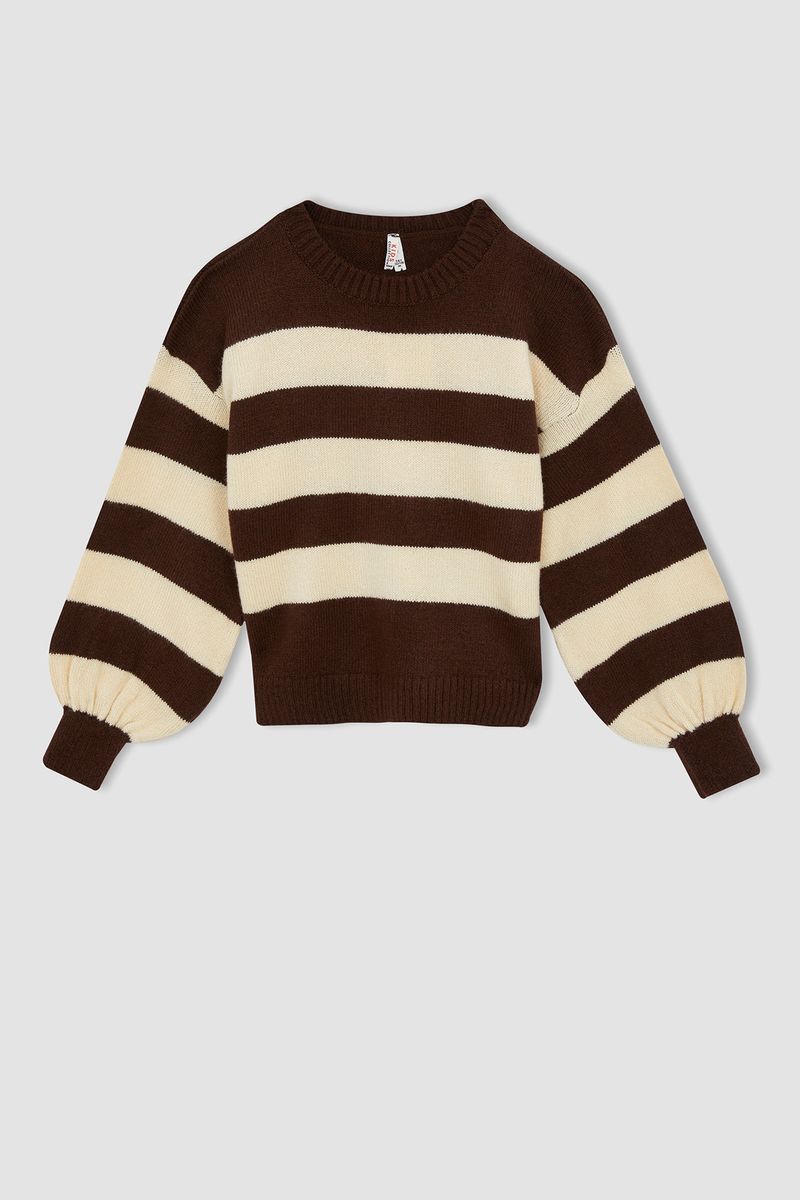 Girl - Regular Fit Crew Neck Long Sleeve Tricot Pullover - Brown