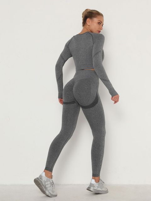 Women's Sets Skinny Tracksuit Breathable Bra Long Sleeve Seamless Outfits High Waist Push Up Leggings Gym Clothes Sport Suit(#New Set Dark Grey)