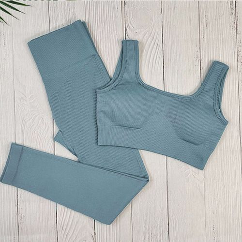 Ribbed Yoga Set Sportswear Women Suit For Fitness Seamless Sports Suit Workout Clothes Tracksuit Sports Outfit Gym Clothing Wear(#U Blue Pant Set)