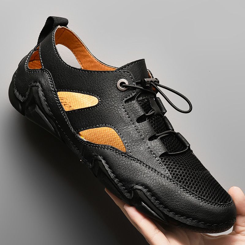 Summer Mesh Men Sandals Big Size 38-47 High Quality Breathable Leather Casual Shoes Men Beach Sandals Fashion Outdoor Handmade Flat Shoes Black