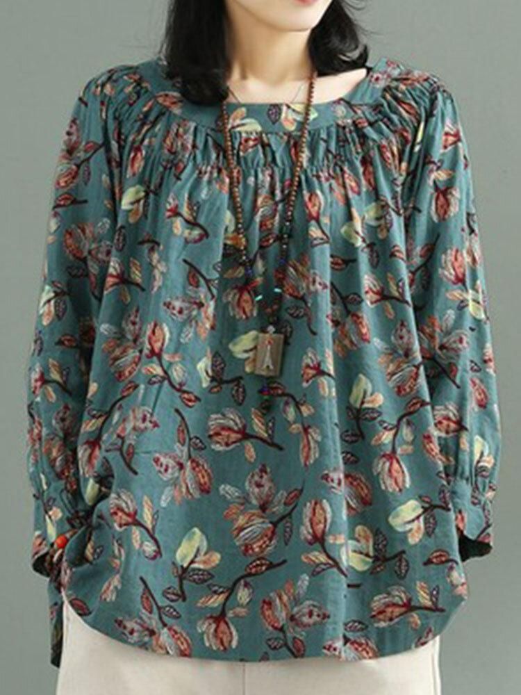 Plant Print Shirring Long Sleeve Casual Blouse