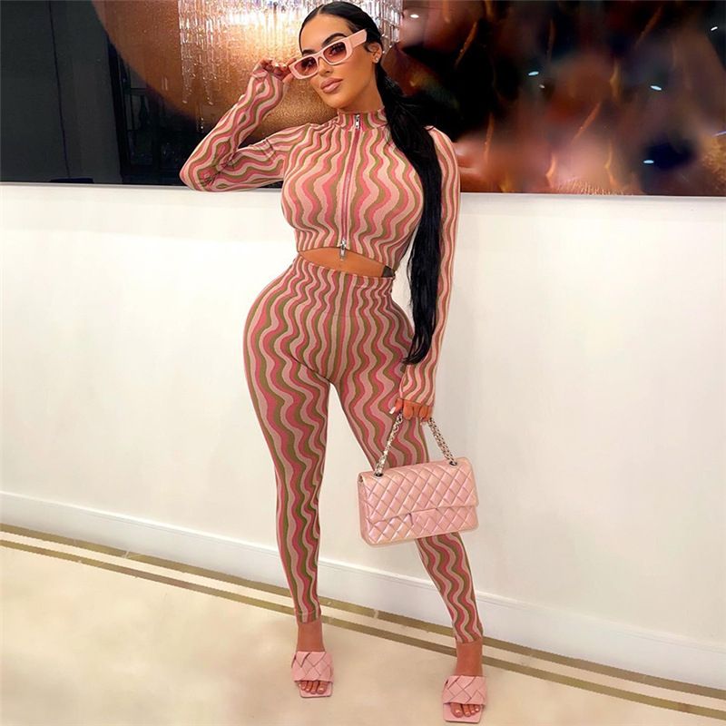 Two Piece Set Women Hipster Zip-up Full Sleeve Top+High Waist Skinny Pants