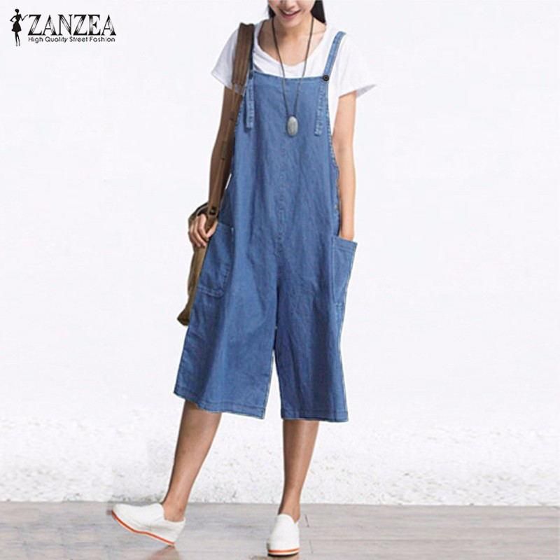 Rompers Womens Jumpsuit Summer Autumn Sleeveless Fashion Wide Leg Pants Denim Calf Length Vintage Overalls S-5XL