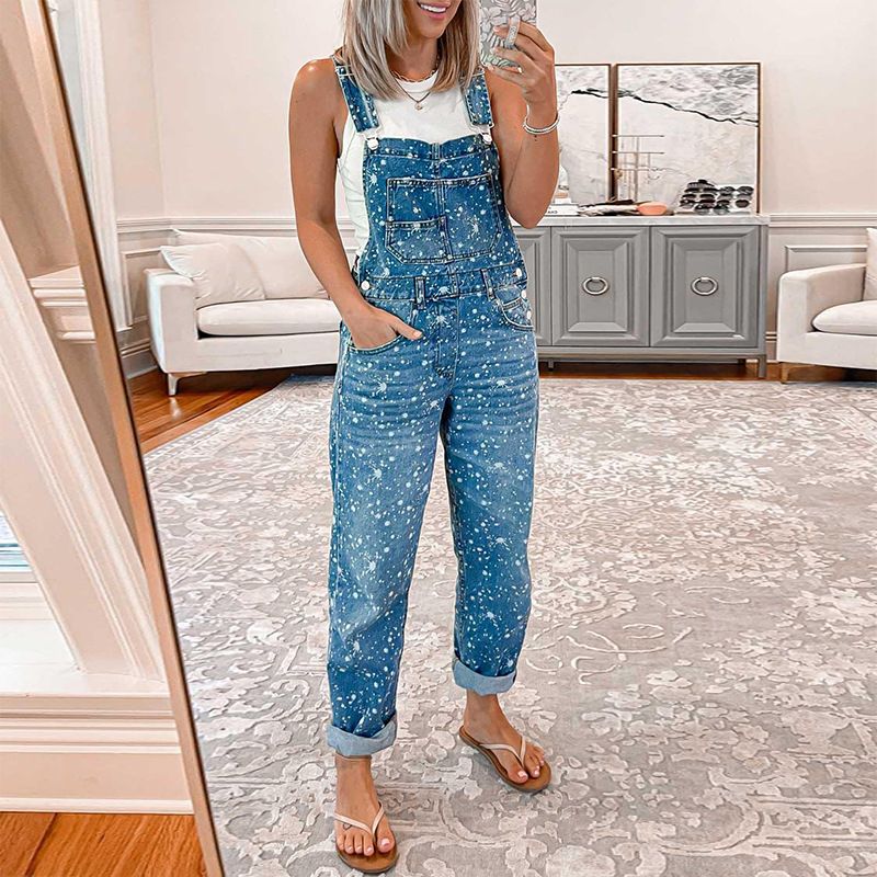 Women Fashion Printed  Denim Rousers Lady Jeans Overalls