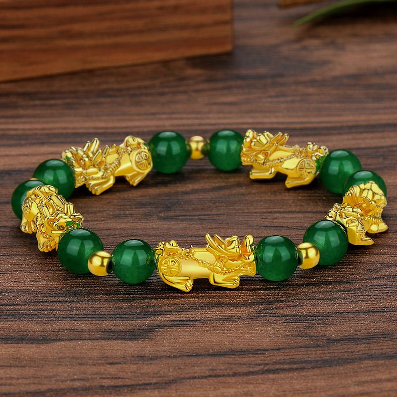 Mens Golden Feng Shui Black Obsidian Wealth Bracelet - Green