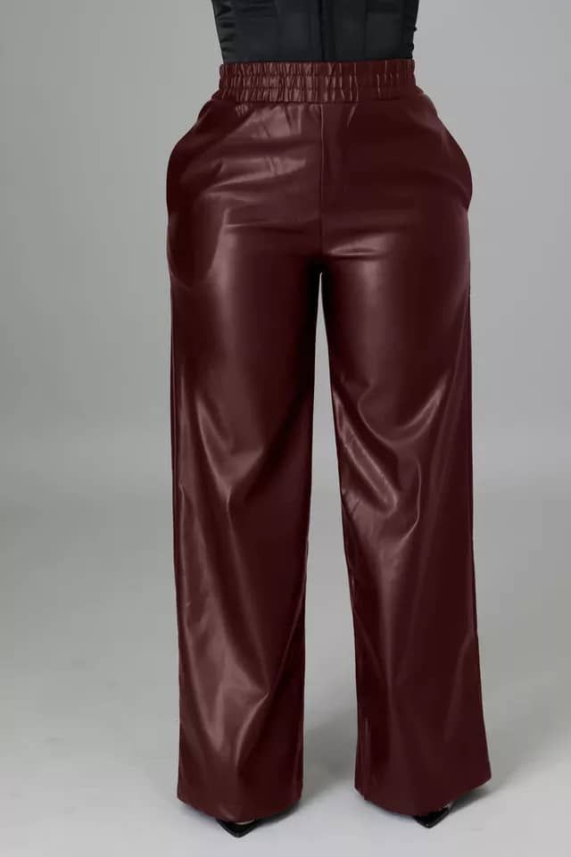 Ladies Banded High Waist Leather Pants- Burgundy