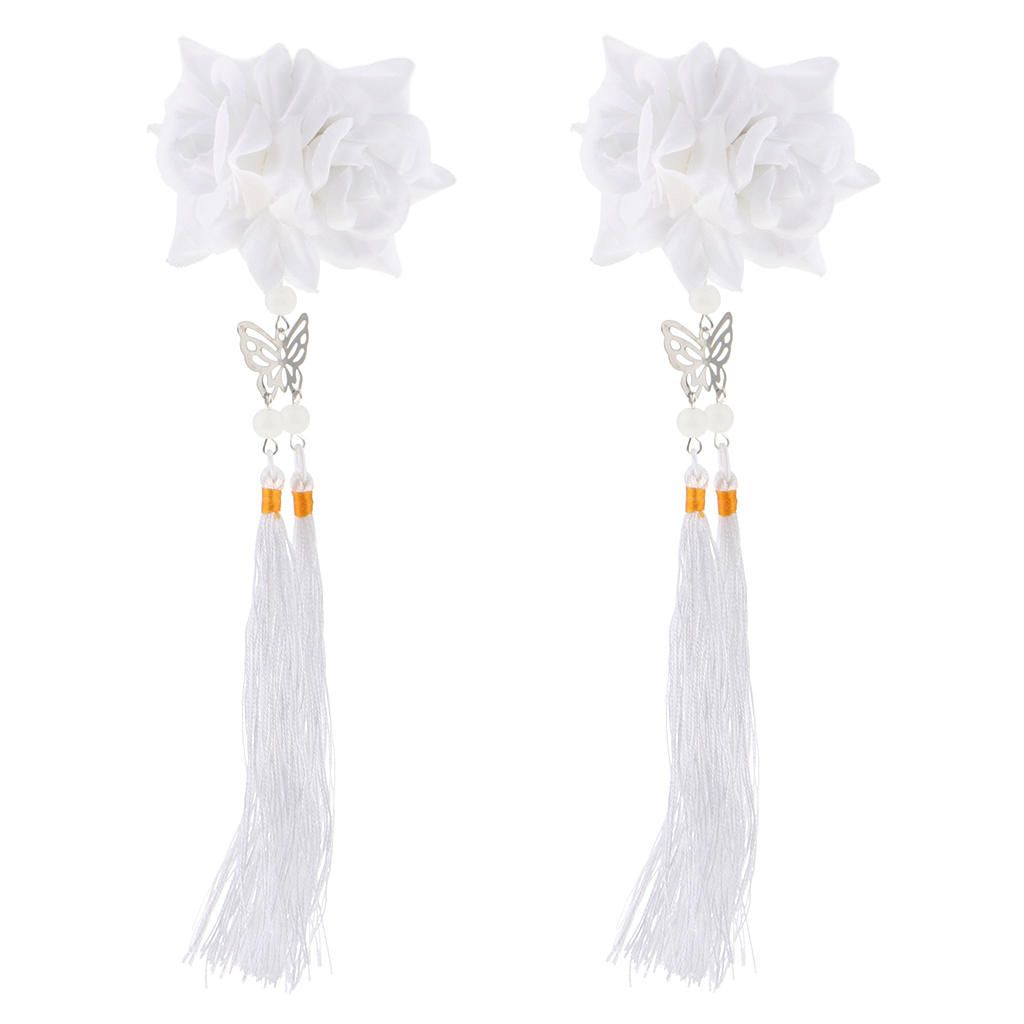 2 Pieces Fbaric Flower Butterfly Tassel Hair Clip Hair White