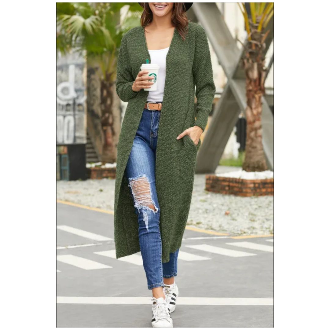 R Green Open Front Knit Long Cardigan