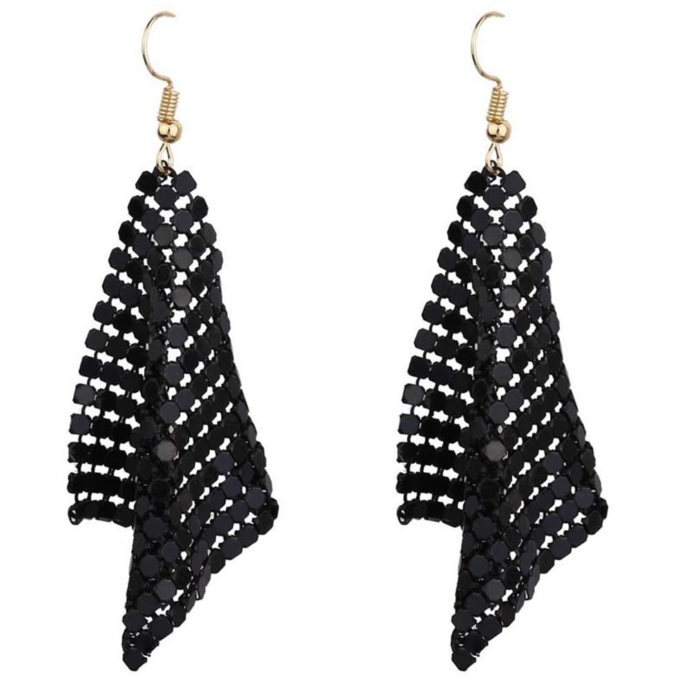 Fashion Women Sequins Mesh Dangle Drop Hook Earrings-Black