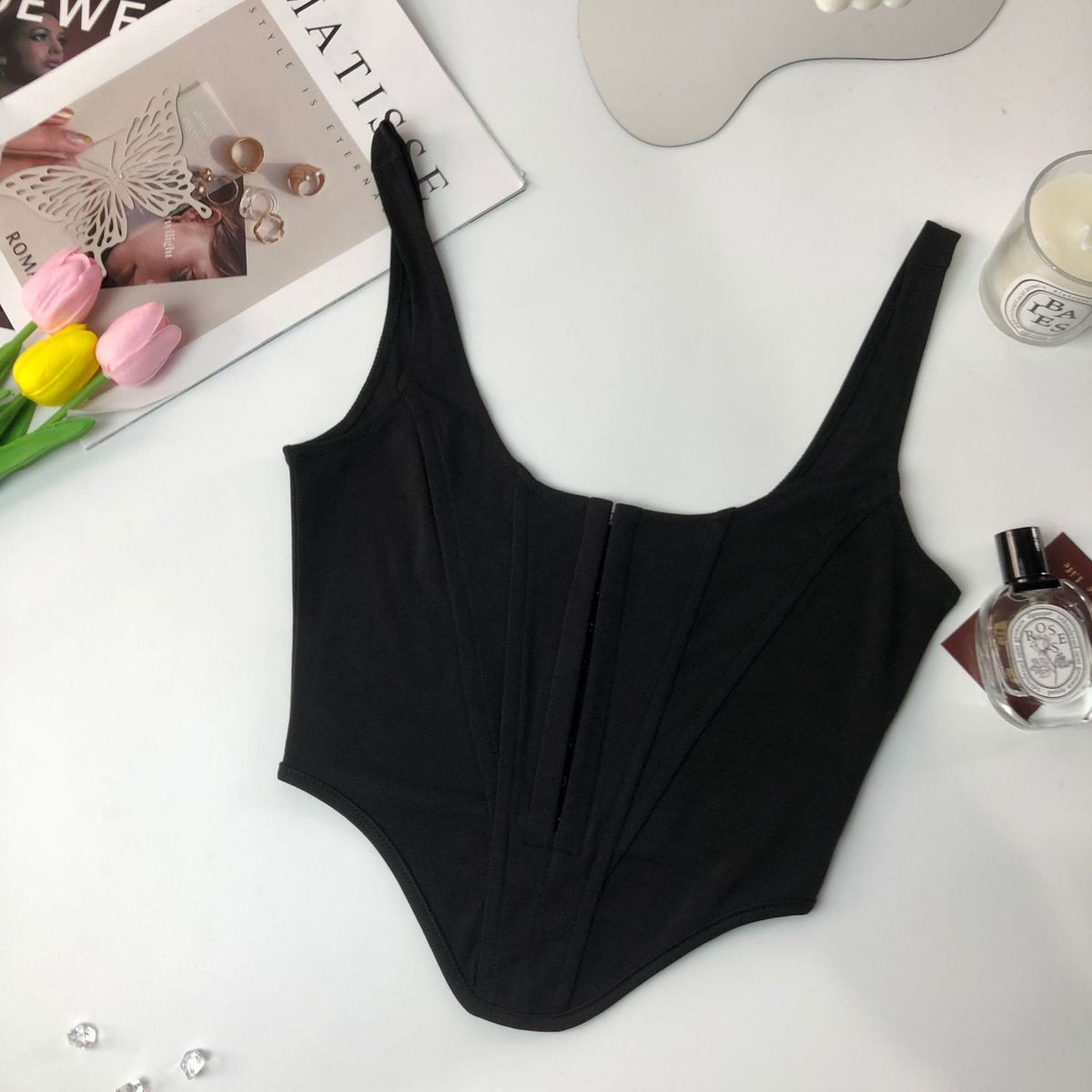 (Black) Lace Bustier Crop Tops Women Club Outfits Hollow Out Tube Corsets Sleeveless V Neck Camis  Tops For Women Y2k Top WEF