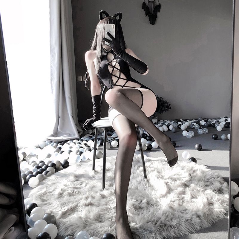 Sexy Hollow Halter One-Piece Netting---Black+Stockings