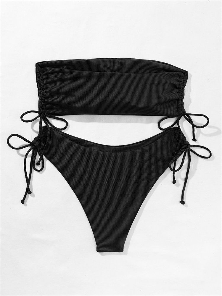 (Black)2022 New Split Two Piece Tube Top Bikini Solid Color Y Ladies Swimwear