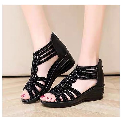 2022 Women Soft Wedge Lady Open Toe Low Heel Sandals-Black