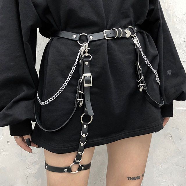 Women Skirt Belt Female Pu Leather Hip Hop Rock Nightclub Sexy Jeans Dress Heart Punk Belt With Metal Waist Chain(#Set)