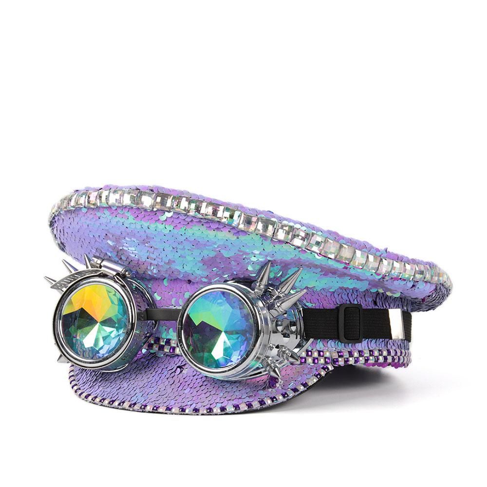 Women Sequin ing  Hat Steampunk Glasses Police Sergeant Hat Performance Captain Hat Halloween Festival Part Ha