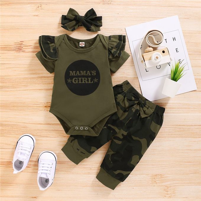 MAMA'S GIRL Short Sleeve Bodysuit + Camou Print Pants + Headband