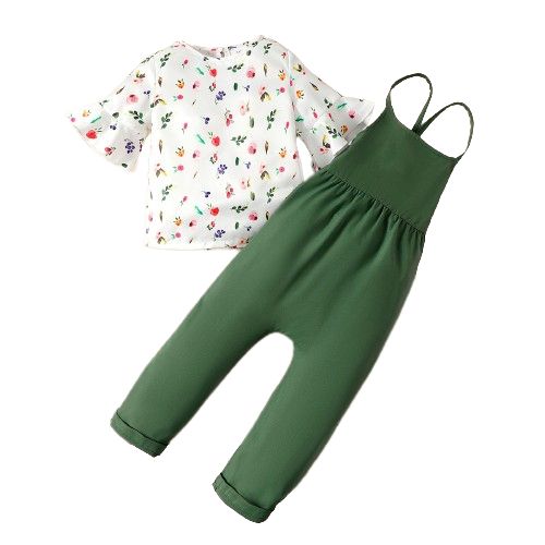 0-3 Years Baby Girl Floral Long Sleeve Tops+ Solid Overalls
