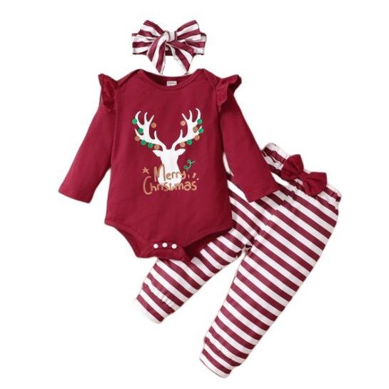 0-2Years Infant Baby Girl XMAS Costumes Long Sleeve Stiped 3PCS Clothing Set